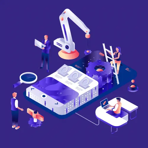 Developers building a mobile app with robotic automation and AI integration,
concept for app development and technology innovation